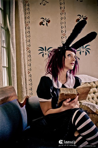 goth girl with bunnyears and purple hair striped socks gloomth