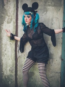 gothic outfit with bloomers mesh top striped tights
