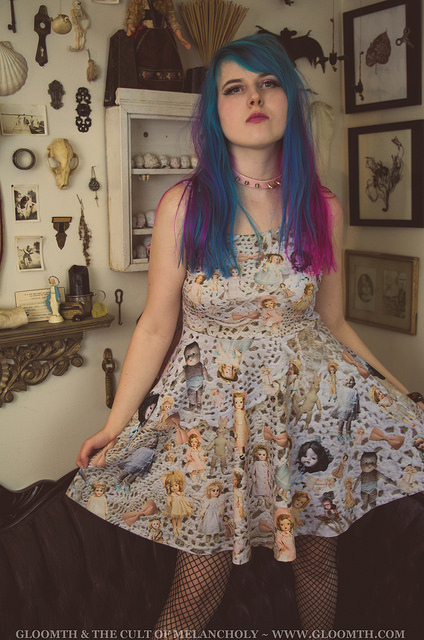 doilies and antique dolls print fabric dress