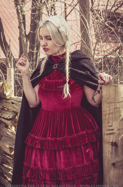 rustic farm witch with cape and red velvet blood colored dress gloomth