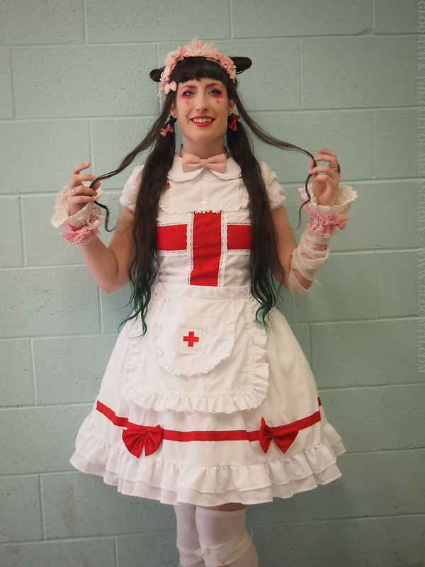 pink red and white lolita nurse outfit