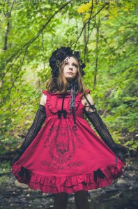 red gothic dress with skull print
