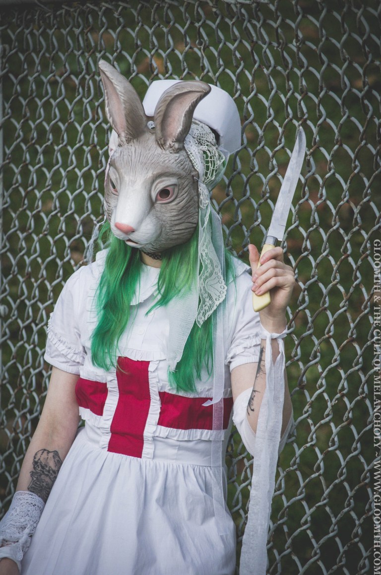 creepy bunny mask nurse with large kcreepy bunny mask nurse with large knifenife