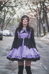 violet and black bat dress