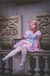 plus size lolita in a sheer pink dress