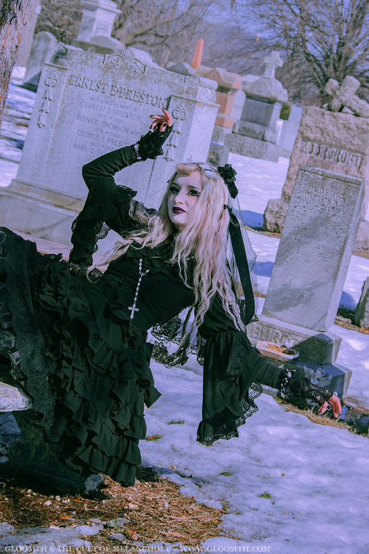 gloomth gothic dress with black lace and bell sleeves