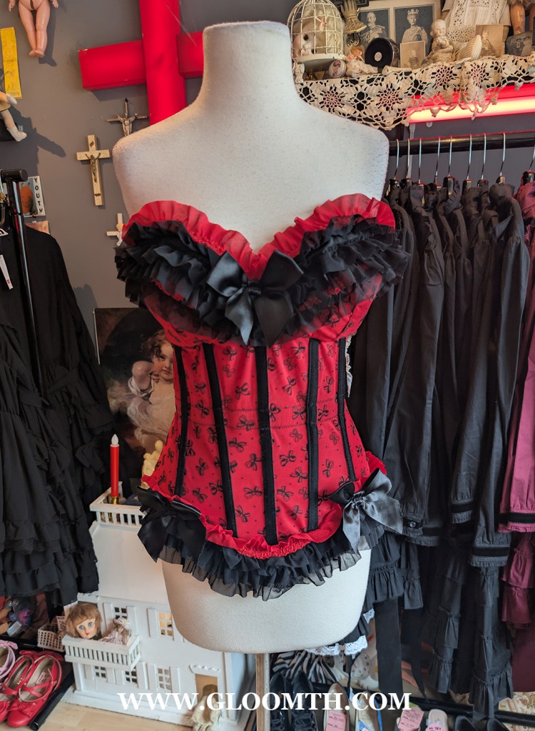 red and black y2k corset for sale at DOLL FUNERAL shop in toronto 222 spadina
