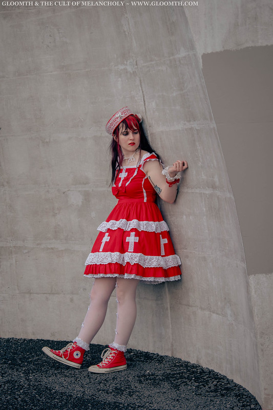 old school red and white lolita dress