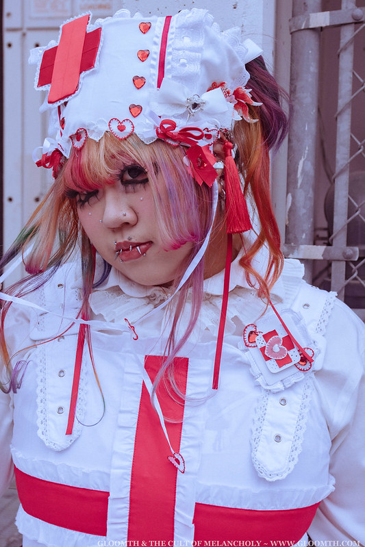 harajuku nurse outfit in red and white makeup